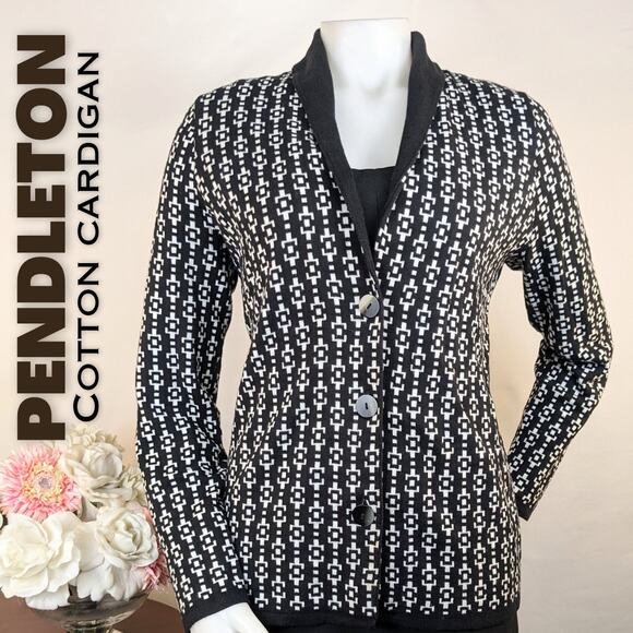 Pendleton Cardigan Lightweight Cotton Knit Size Medium Black & White Button Up - Picture 1 of 10